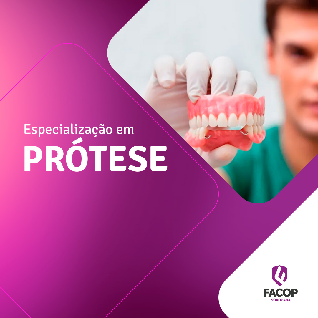 Fotomontagem com fundo roxo e um dentista segurando uma prótese dental