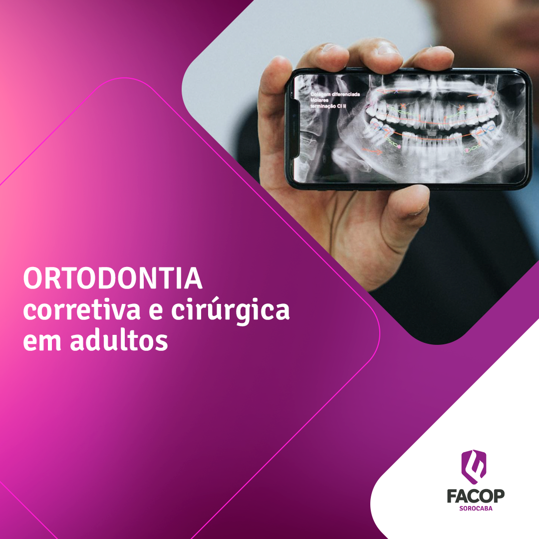 Fotomontagem na cor roxa com foto de um celular com uma radiografia odontologica